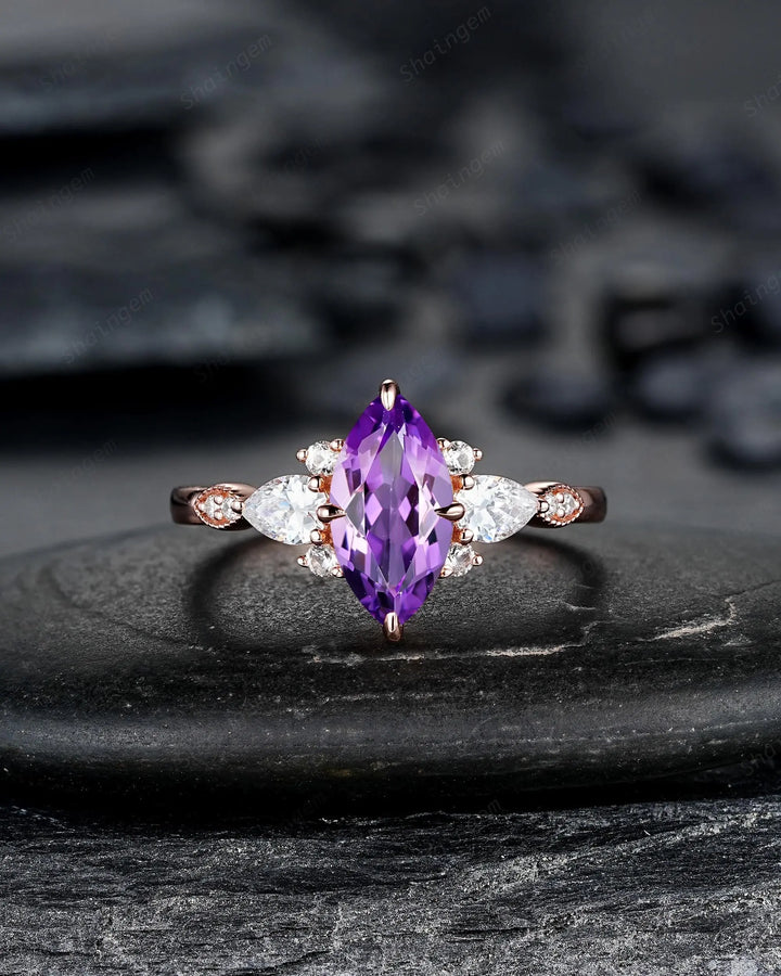 Marquise Cut Purple Amethyst Engagement Ring, Rose Gold Cluster Wedding, Silver 925 Promise 24K Gold Plated, Platinum February Birthstone - ShainJewelry
