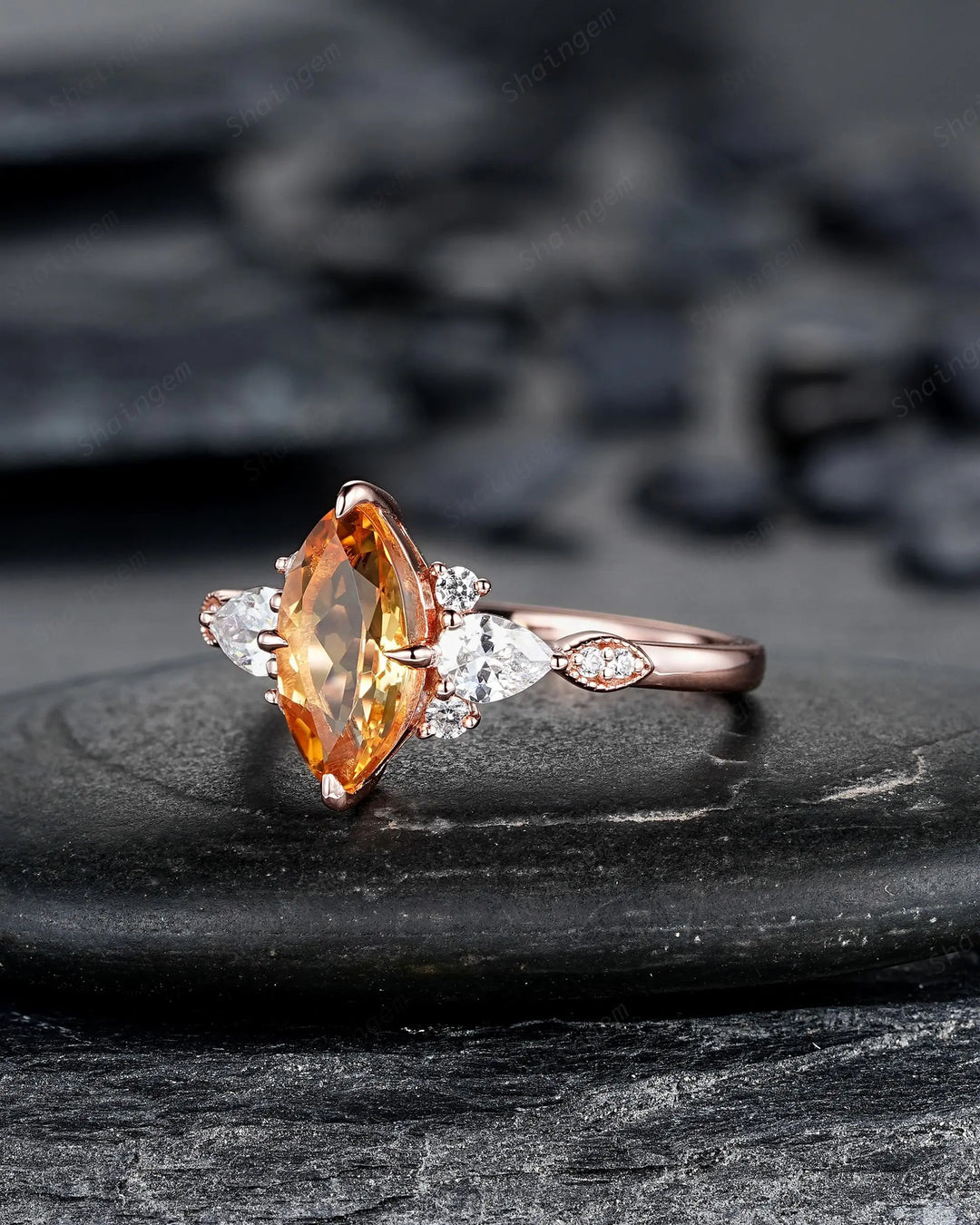 Marquise Cut Natural Yellow Citrine Engagement Ring, Rose Gold Cluster Wedding, Silver 925 Promise 24K Gold Plated, Platinum Gift for Woman - ShainJewelry