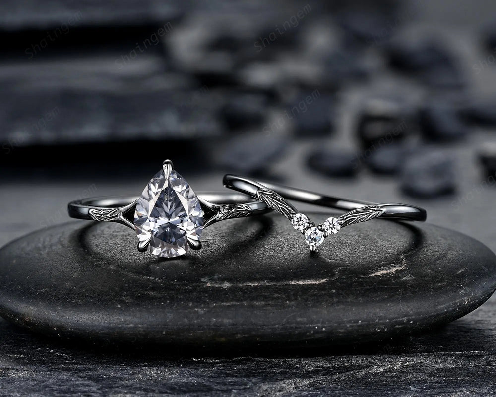 Gothic Pear Shape Gray Moissanite Leaf Engagement Ring Set, Black Rhodium Promise Ring Punk Black Gold V Shape Curved Solitaire Wedding Ring - ShainJewelry