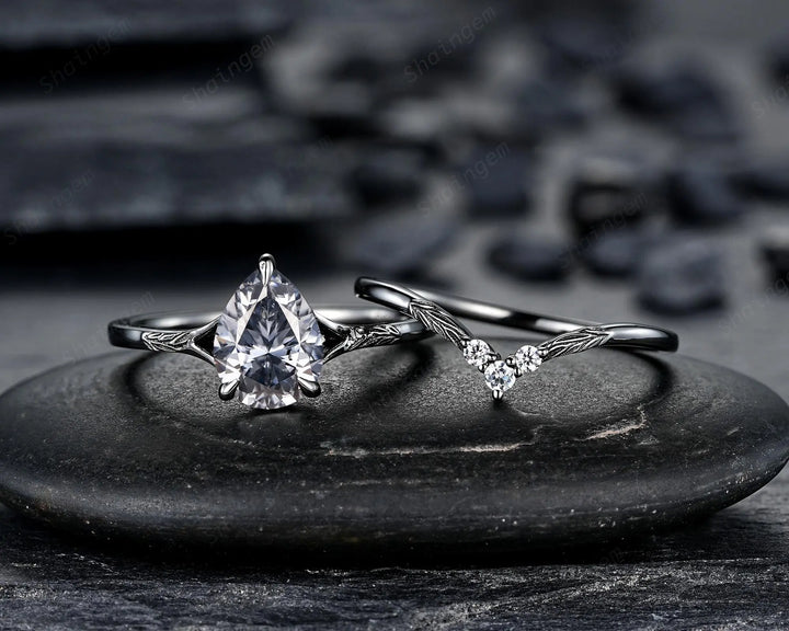 Gothic Pear Shape Gray Moissanite Leaf Engagement Ring Set, Black Rhodium Promise Ring Punk Black Gold V Shape Curved Solitaire Wedding Ring - ShainJewelry