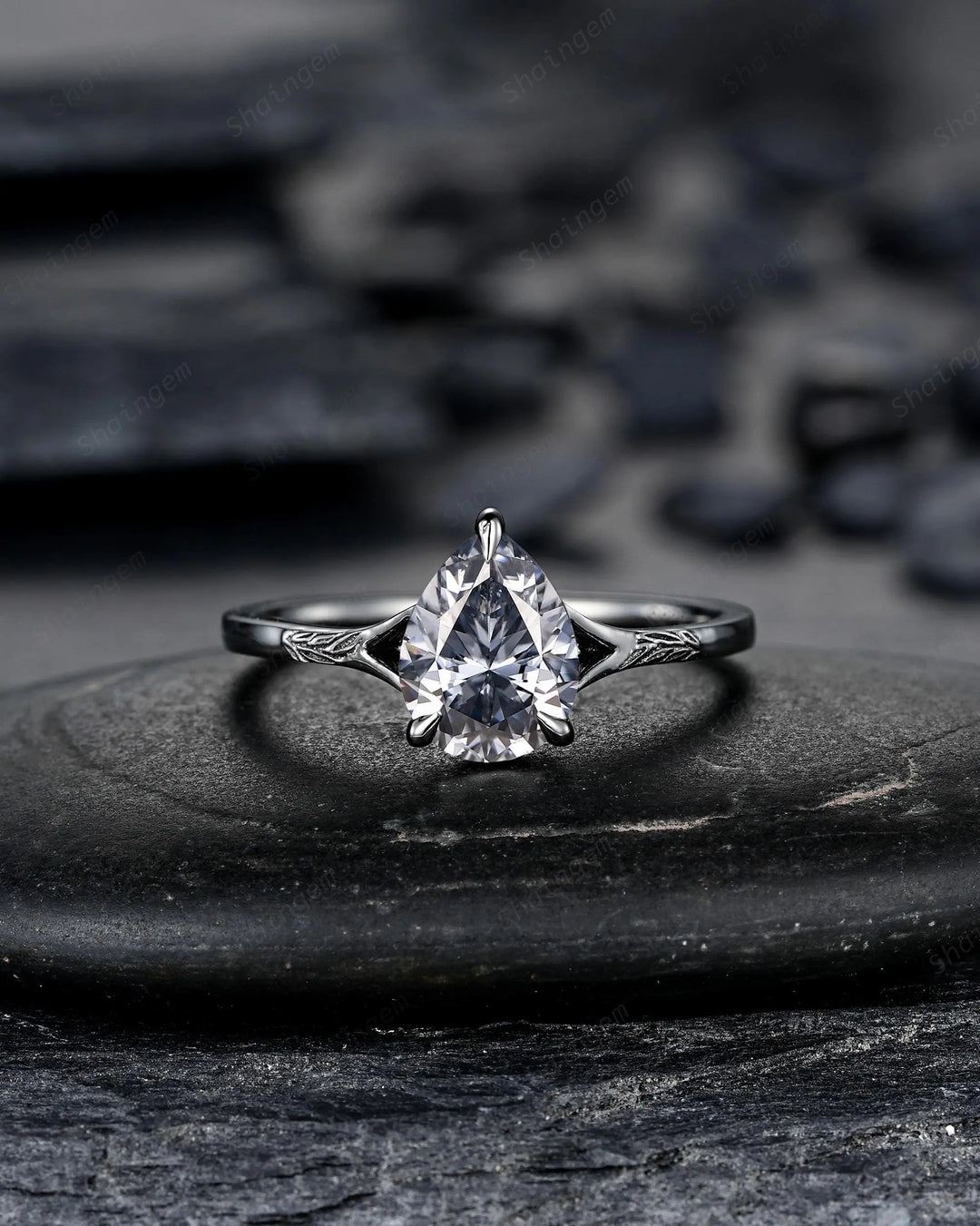 Gothic Pear Shape Gray Moissanite Leaf Engagement Ring Set, Black Rhodium Promise Ring Punk Black Gold V Shape Curved Solitaire Wedding Ring - ShainJewelry
