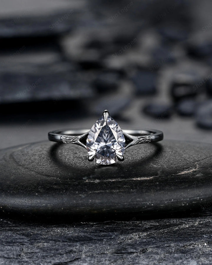 Gothic Pear Shape Gray Moissanite Leaf Engagement Ring Set, Black Rhodium Promise Ring Punk Black Gold V Shape Curved Solitaire Wedding Ring - ShainJewelry