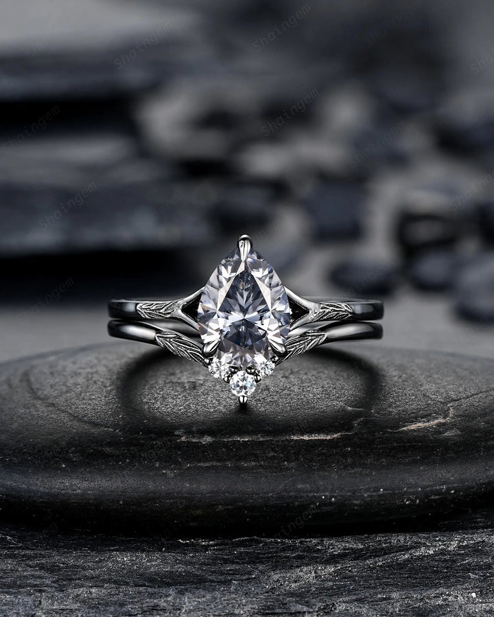Gothic Pear Shape Gray Moissanite Leaf Engagement Ring Set, Black Rhodium Promise Ring Punk Black Gold V Shape Curved Solitaire Wedding Ring - ShainJewelry