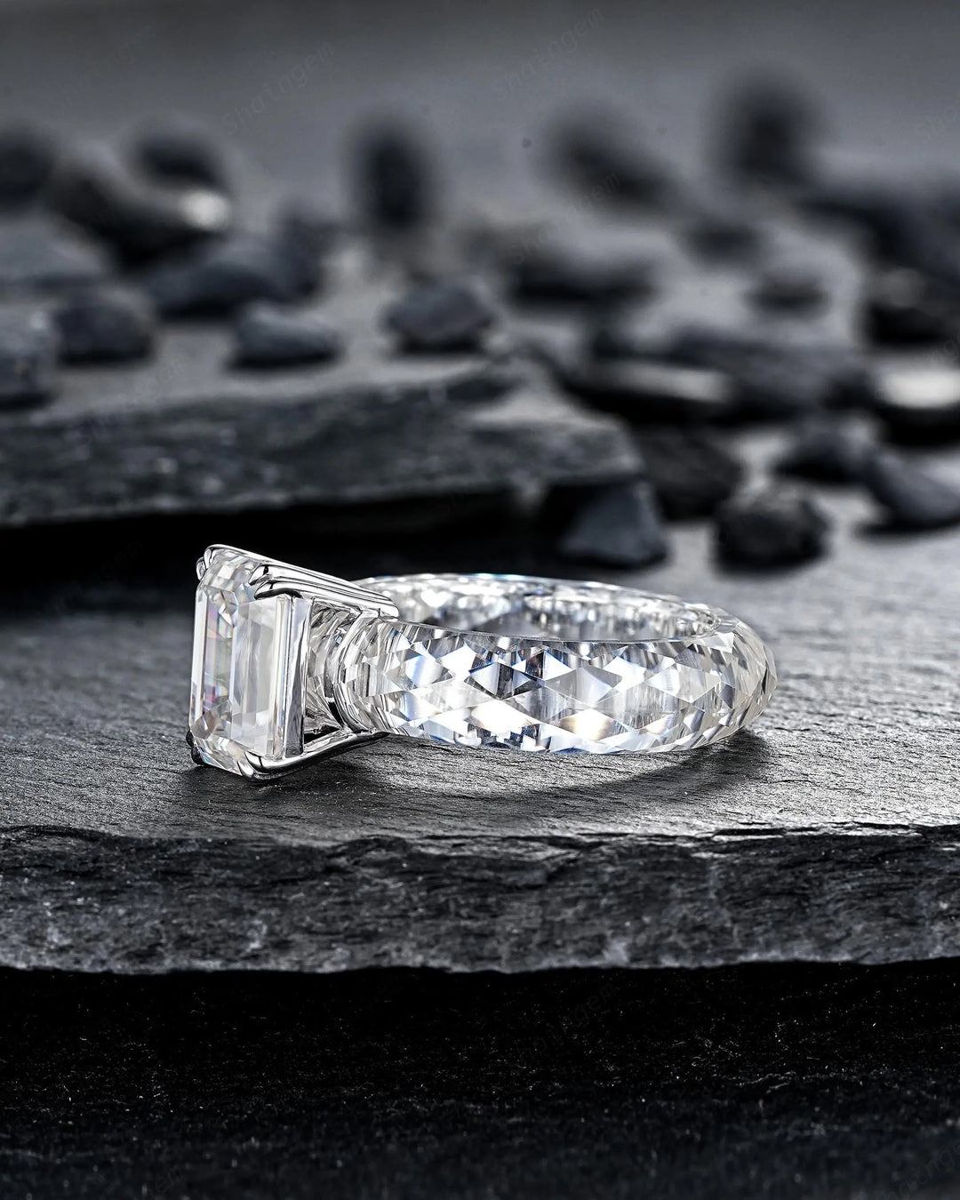 3CT Emerald Cut Moissanite Wedding Band, Full Eternity Diamond Cut Engagement Band, Promise Band Briolette cut Sparkle Ring for Man Woman - ShainJewelry