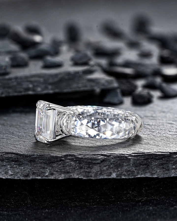 3CT Emerald Cut Moissanite Wedding Band, Full Eternity Diamond Cut Engagement Band, Promise Band Briolette cut Sparkle Ring for Man Woman - ShainJewelry