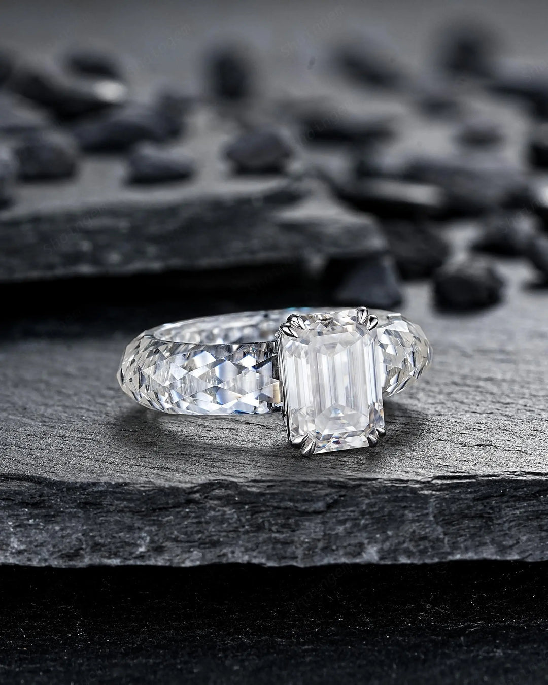 3CT Emerald Cut Moissanite Wedding Band, Full Eternity Diamond Cut Engagement Band, Promise Band Briolette cut Sparkle Ring for Man Woman - ShainJewelry