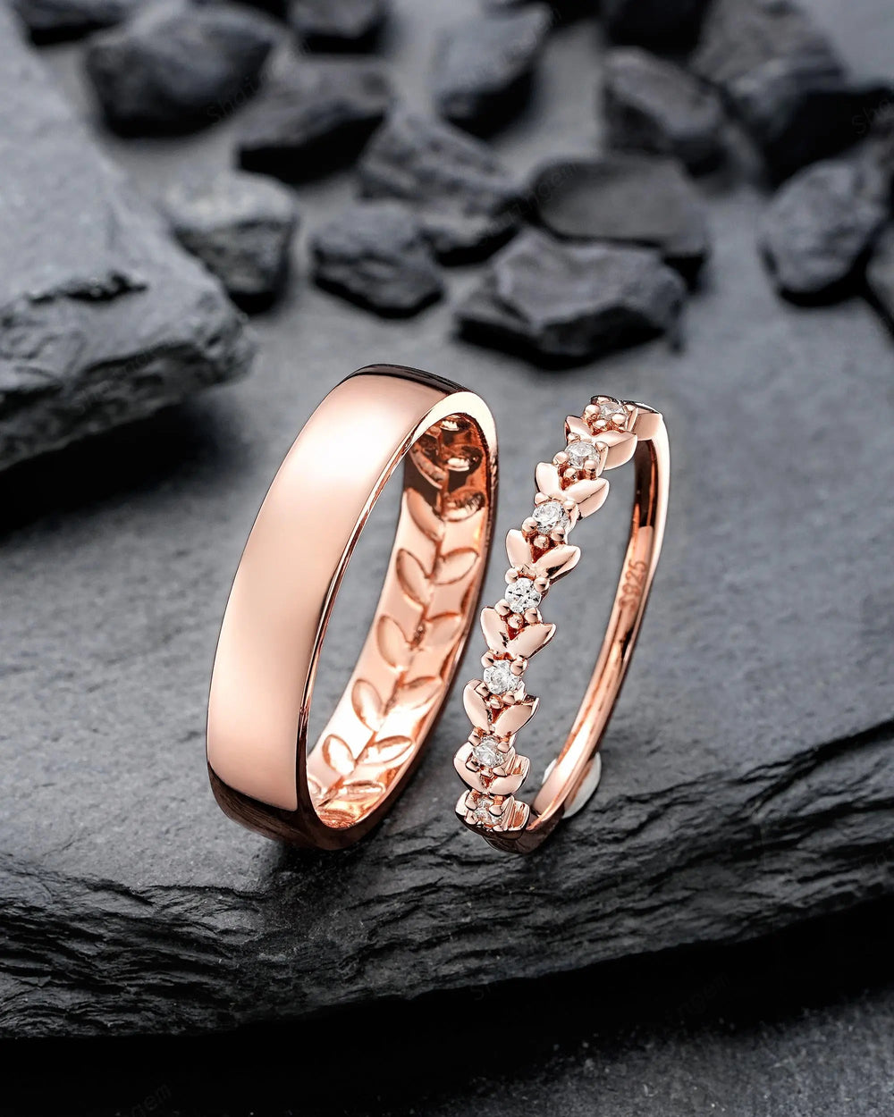 Full Eternity Diamond Engraved Leaf His and Hers Couple Ring Set: Wedding Band, Men & Women Matching Bands, Love Knot Engagement Promise Set - ShainJewelry