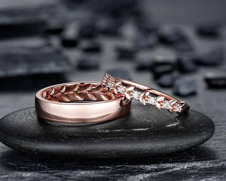 Full Eternity Diamond Engraved Leaf His and Hers Couple Ring Set: Wedding Band, Men & Women Matching Bands, Love Knot Engagement Promise Set - ShainJewelry
