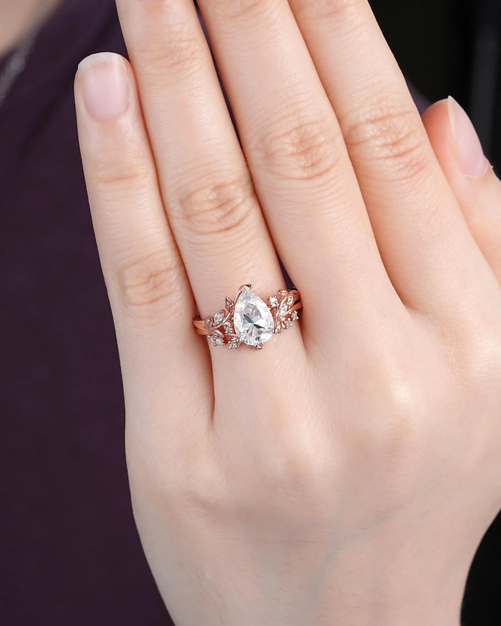 2CT Pear Shape Moissanite Leaf Engagement Ring Set: Unique Rose Gold Twig Branch Vine Wedding Set Nature Inspired Promise, Platinum Diamond - ShainJewelry