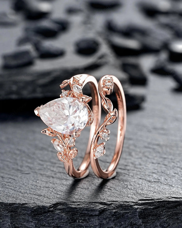 2CT Pear Shape Moissanite Leaf Engagement Ring Set: Unique Rose Gold Twig Branch Vine Wedding Set Nature Inspired Promise, Platinum Diamond - ShainJewelry