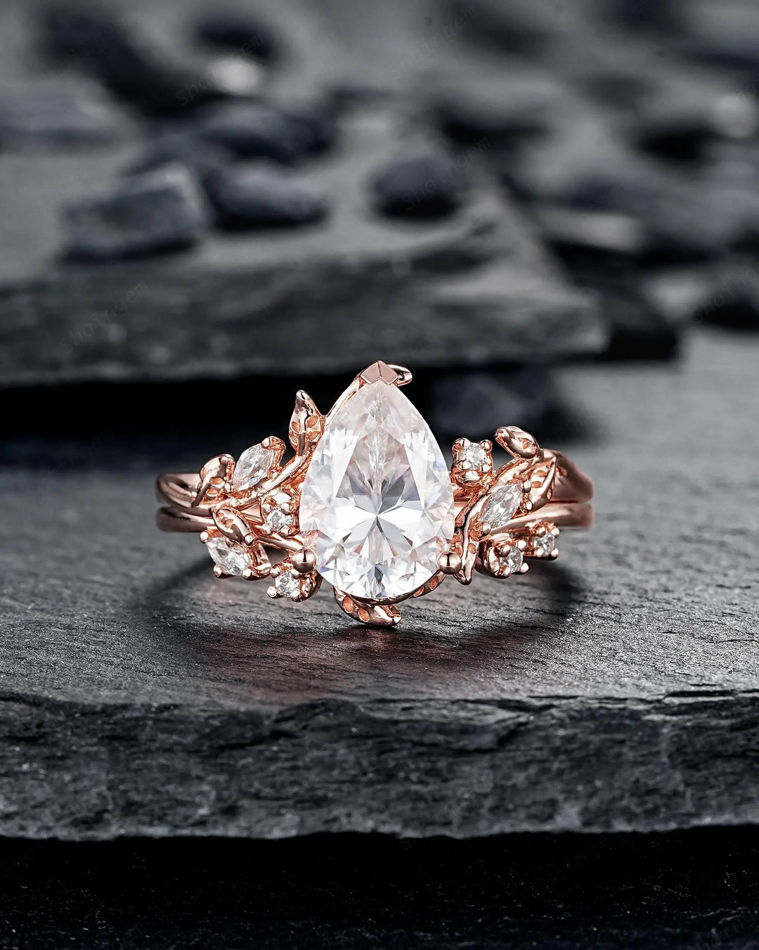 2CT Pear Shape Moissanite Leaf Engagement Ring Set: Unique Rose Gold Twig Branch Vine Wedding Set Nature Inspired Promise, Platinum Diamond - ShainJewelry