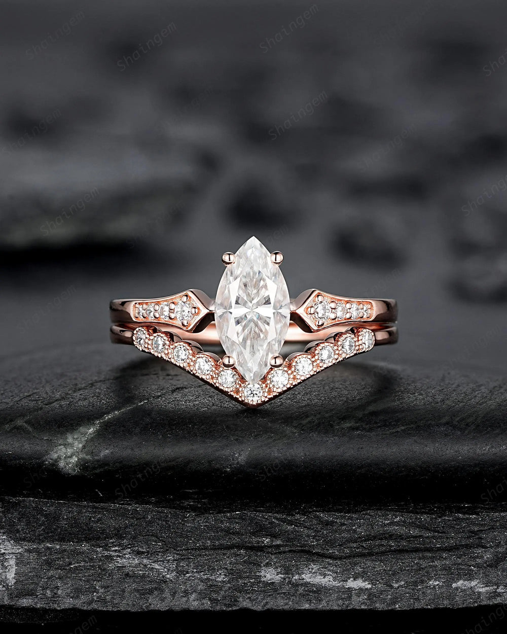 Marquise Cut Moissanite Engagement Ring Set: 10K 14K 18K Rose Gold Milgrain Wedding Promise, Platinum Diamond, Curved V Shape Half Eternity - ShainJewelry