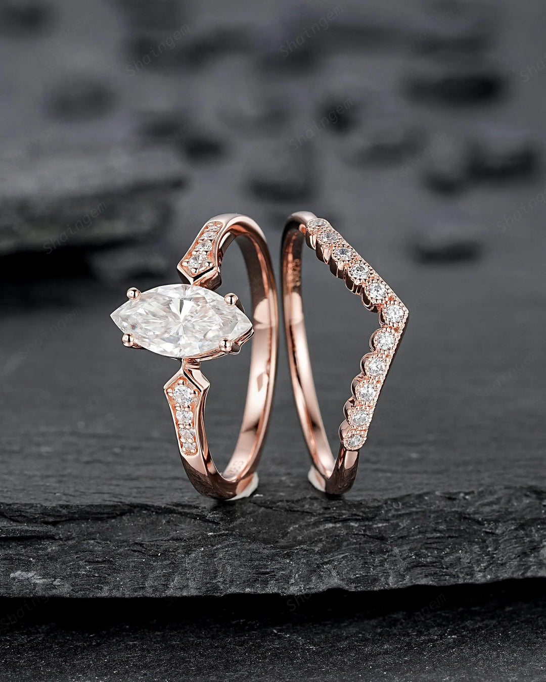Marquise Cut Moissanite Engagement Ring Set: 10K 14K 18K Rose Gold Milgrain Wedding Promise, Platinum Diamond, Curved V Shape Half Eternity - ShainJewelry