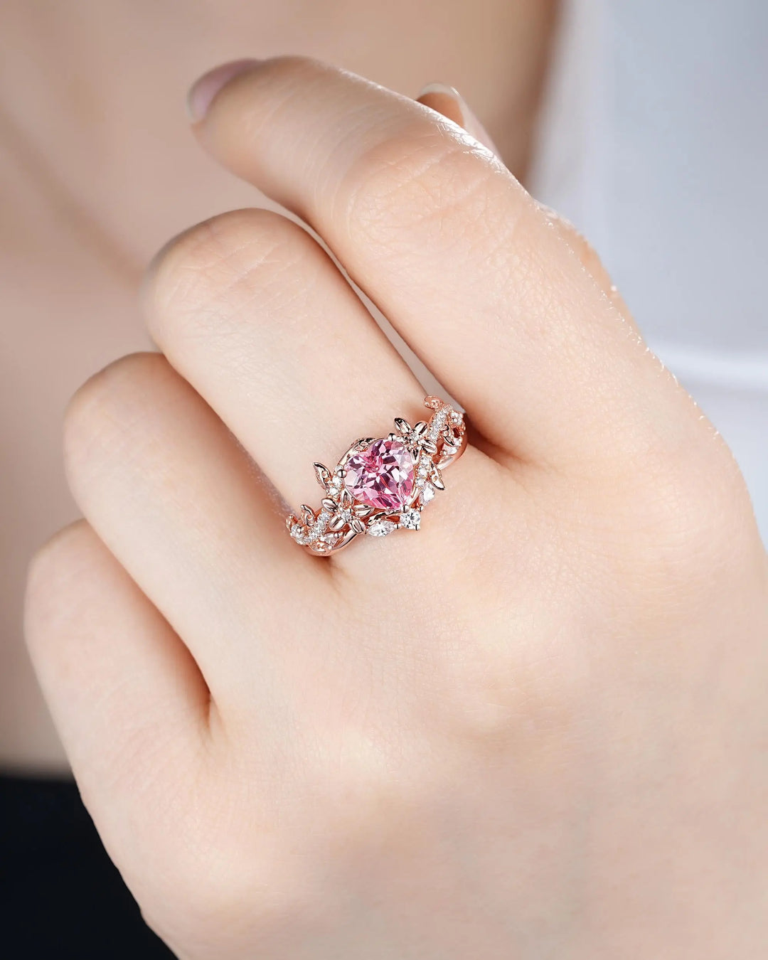 Heart Shape Pink Sapphire Diamond Engagement Ring Set, Rose Gold Vine Leaf Wedding Set, Nature Inspired Flower Promise, Platinum Floral - ShainJewelry