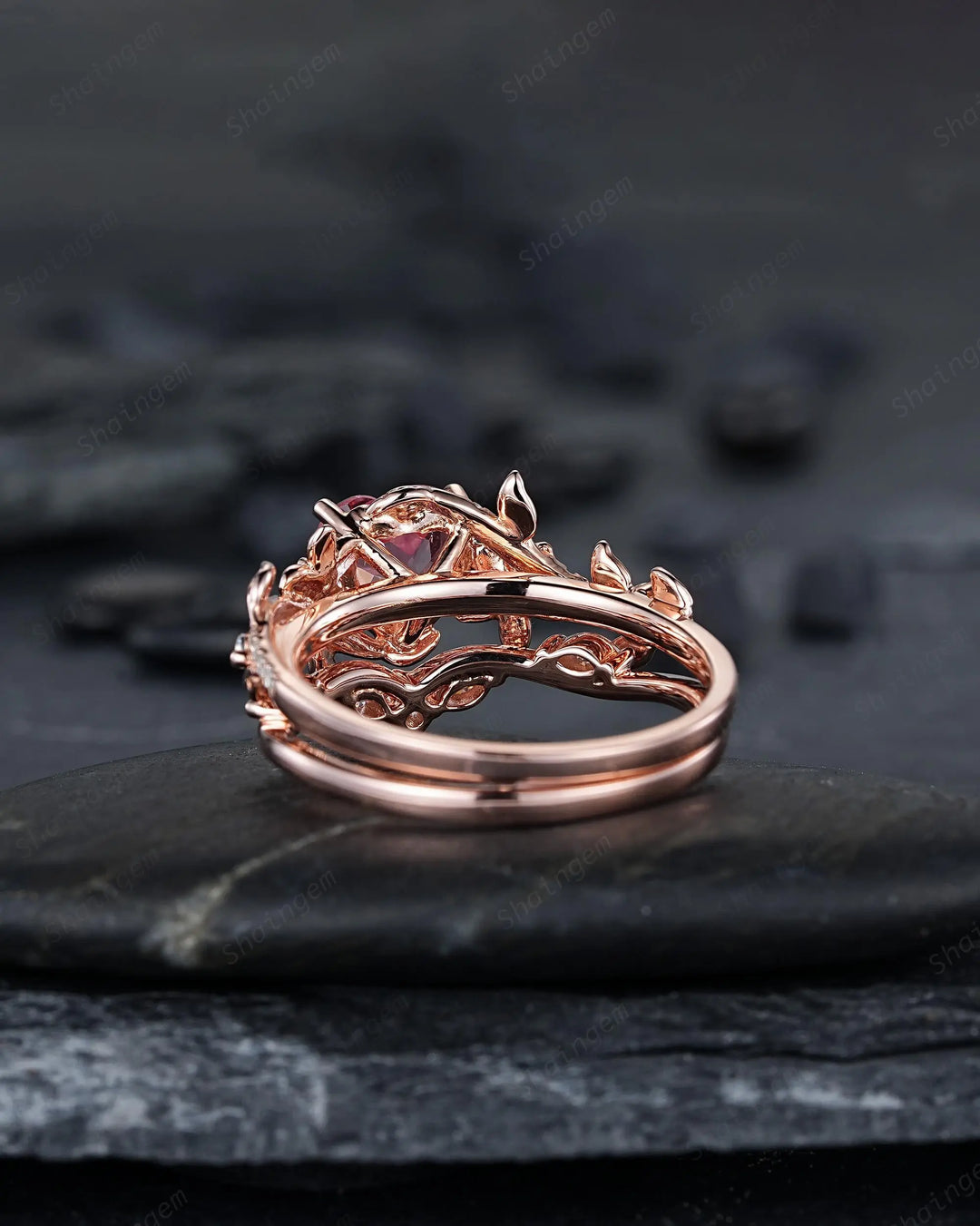 Heart Shape Pink Sapphire Diamond Engagement Ring Set, Rose Gold Vine Leaf Wedding Set, Nature Inspired Flower Promise, Platinum Floral - ShainJewelry