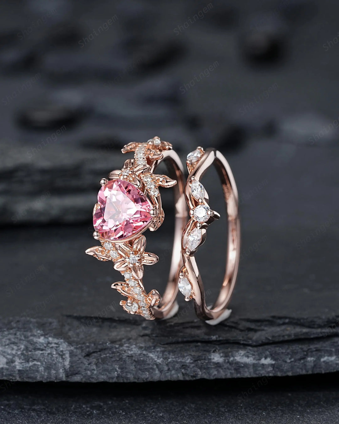Heart Shape Pink Sapphire Diamond Engagement Ring Set, Rose Gold Vine Leaf Wedding Set, Nature Inspired Flower Promise, Platinum Floral - ShainJewelry