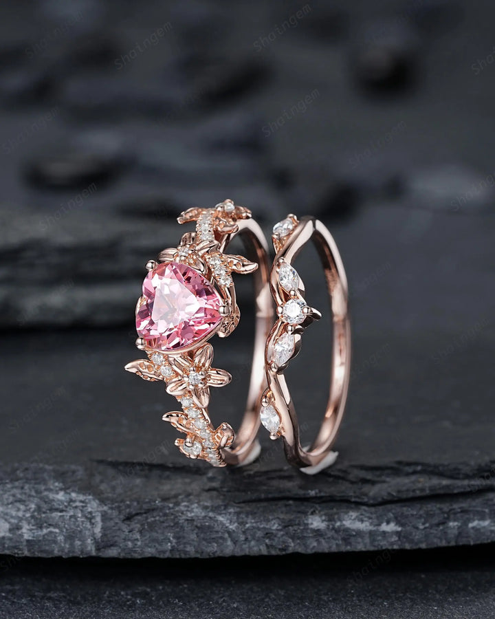 Heart Shape Pink Sapphire Diamond Engagement Ring Set, Rose Gold Vine Leaf Wedding Set, Nature Inspired Flower Promise, Platinum Floral - ShainJewelry