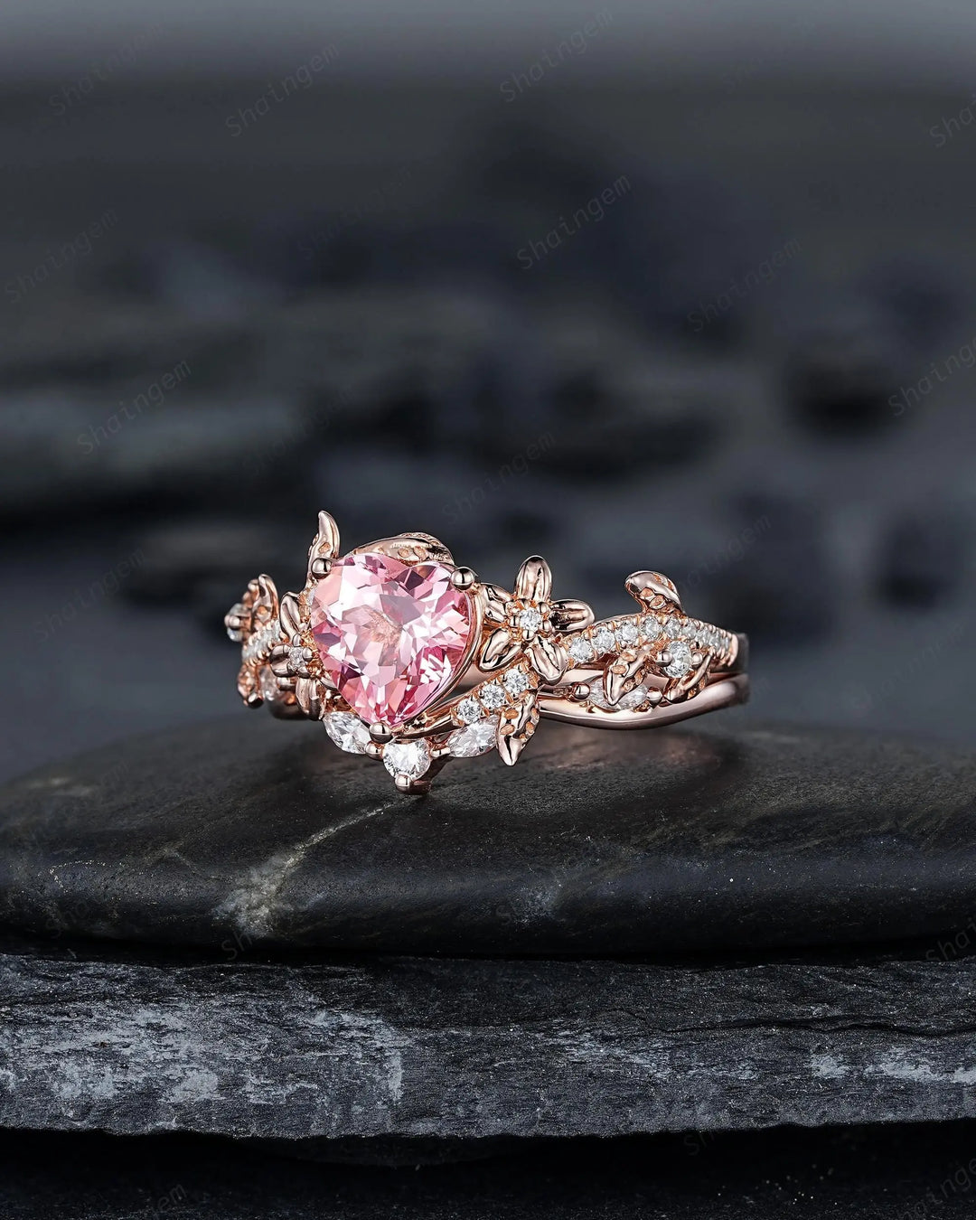 Heart Shape Pink Sapphire Diamond Engagement Ring Set, Rose Gold Vine Leaf Wedding Set, Nature Inspired Flower Promise, Platinum Floral - ShainJewelry