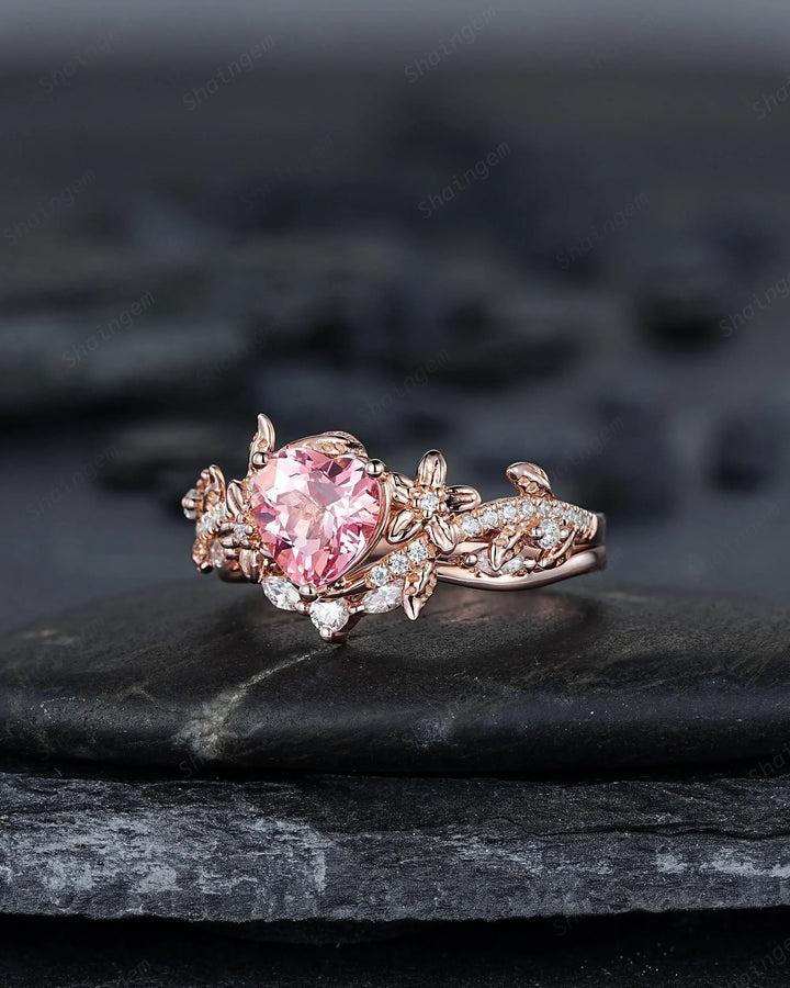 Heart Shape Pink Sapphire Diamond Engagement Ring Set, Rose Gold Vine Leaf Wedding Set, Nature Inspired Flower Promise, Platinum Floral - ShainJewelry