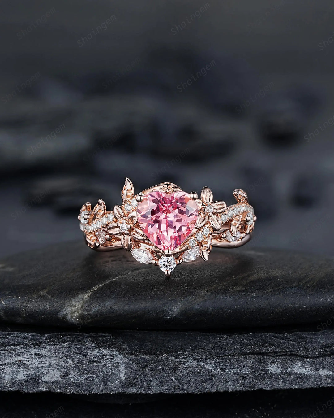 Heart Shape Pink Sapphire Diamond Engagement Ring Set, Rose Gold Vine Leaf Wedding Set, Nature Inspired Flower Promise, Platinum Floral - ShainJewelry
