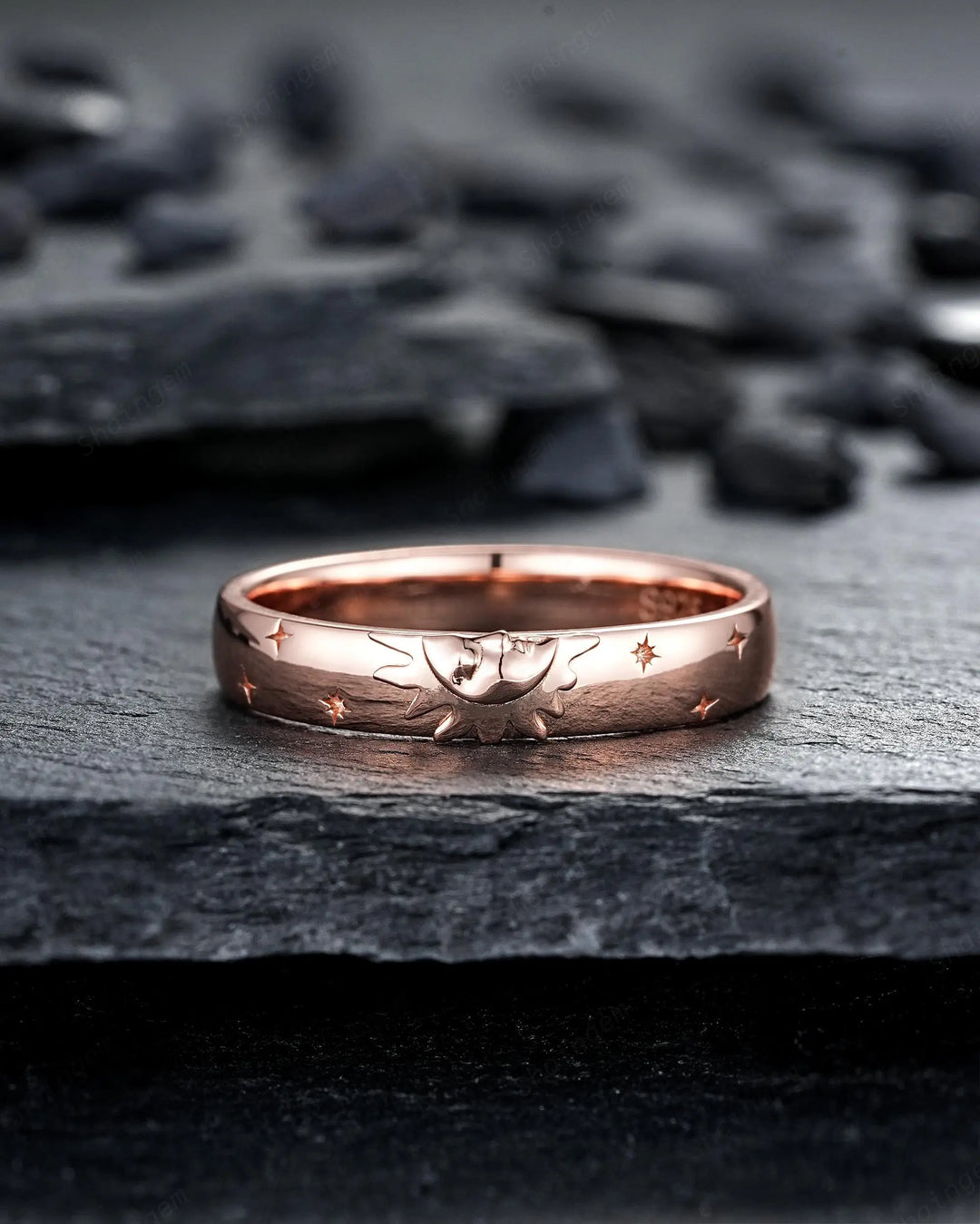 His and Hers Sun and Moon Couple Engagement Ring Set: Rose Gold Crescent Star Promise, Wedding Band for Man & Woman, Nature Inspired Silver - ShainJewelry