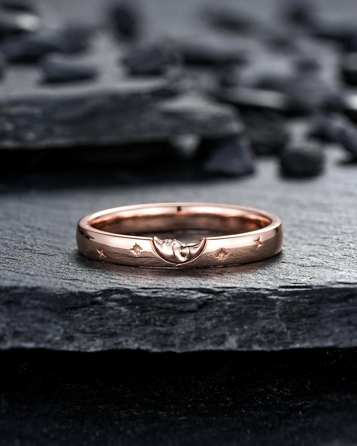 His and Hers Sun and Moon Couple Engagement Ring Set: Rose Gold Crescent Star Promise, Wedding Band for Man & Woman, Nature Inspired Silver - ShainJewelry