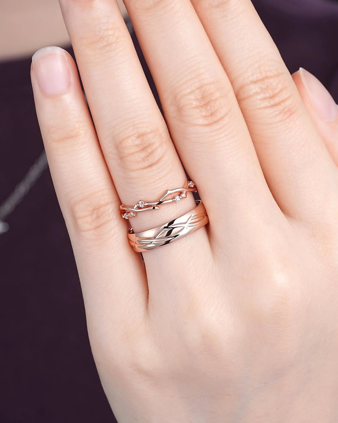 His and Hers Diamond Couple Set, 14K 18K Rose Gold Matching Band, Silver Promise Ring, Men and Women Engraved Twig Branch Engagement Bands - ShainJewelry