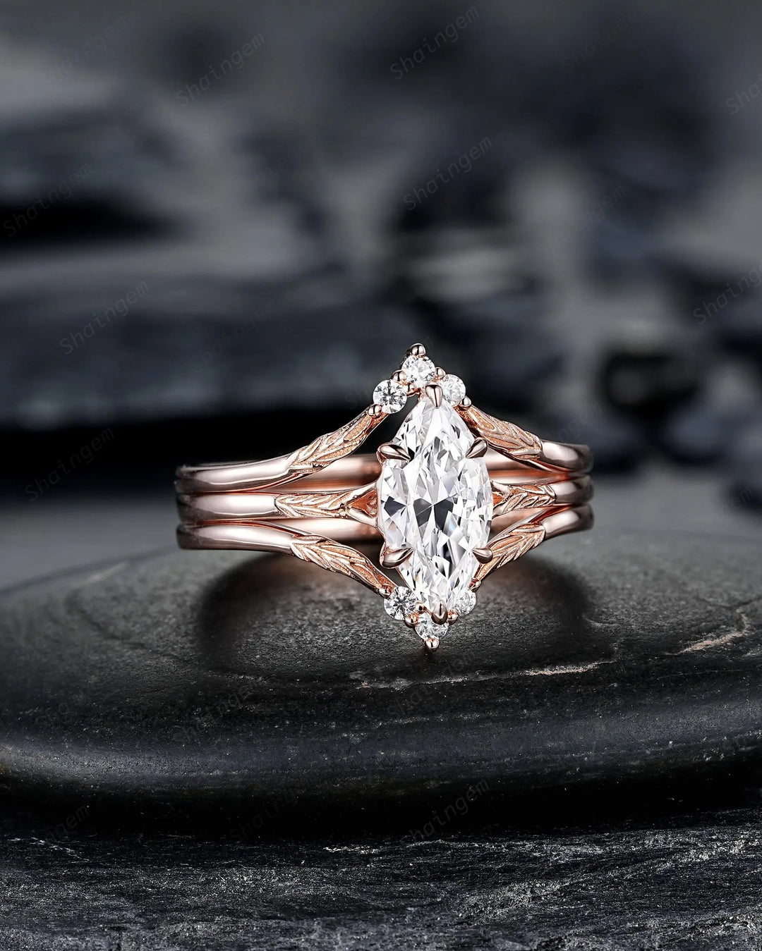 3PCS Marquise Cut Moissanite Solitaire Engagement Ring: Nature Inspired Wedding Set Rose Gold Promise Ring, Engraved Leaf Silver, Platinum - ShainJewelry