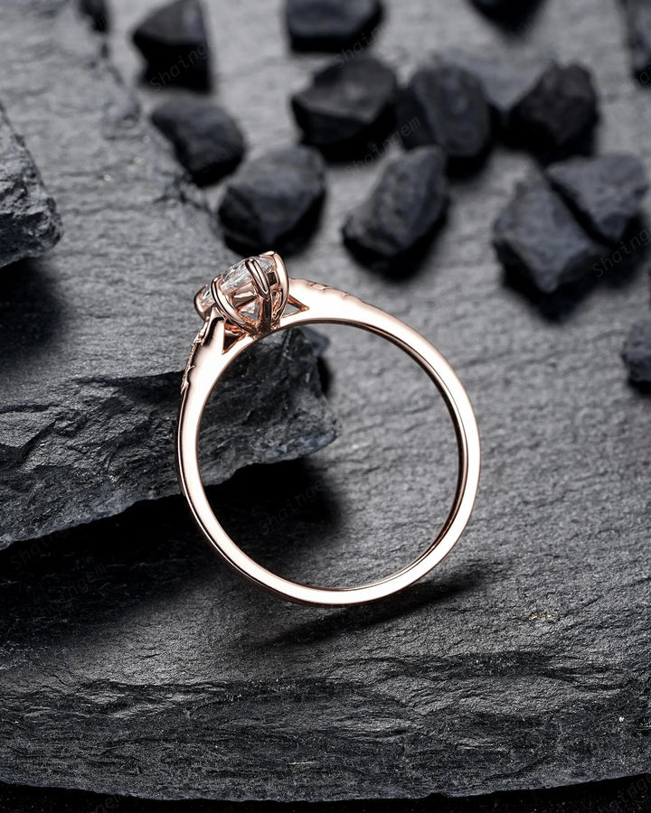 3PCS Marquise Cut Moissanite Solitaire Engagement Ring: Nature Inspired Wedding Set Rose Gold Promise Ring, Engraved Leaf Silver, Platinum - ShainJewelry