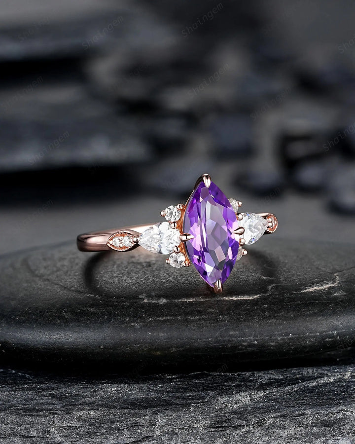 Marquise Cut Purple Amethyst Engagement Ring, Rose Gold Cluster Wedding, Silver 925 Promise 24K Gold Plated, Platinum February Birthstone - ShainJewelry