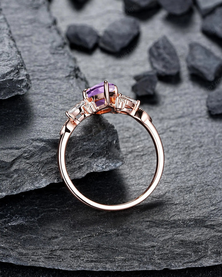 Marquise Cut Purple Amethyst Engagement Ring, Rose Gold Cluster Wedding, Silver 925 Promise 24K Gold Plated, Platinum February Birthstone - ShainJewelry