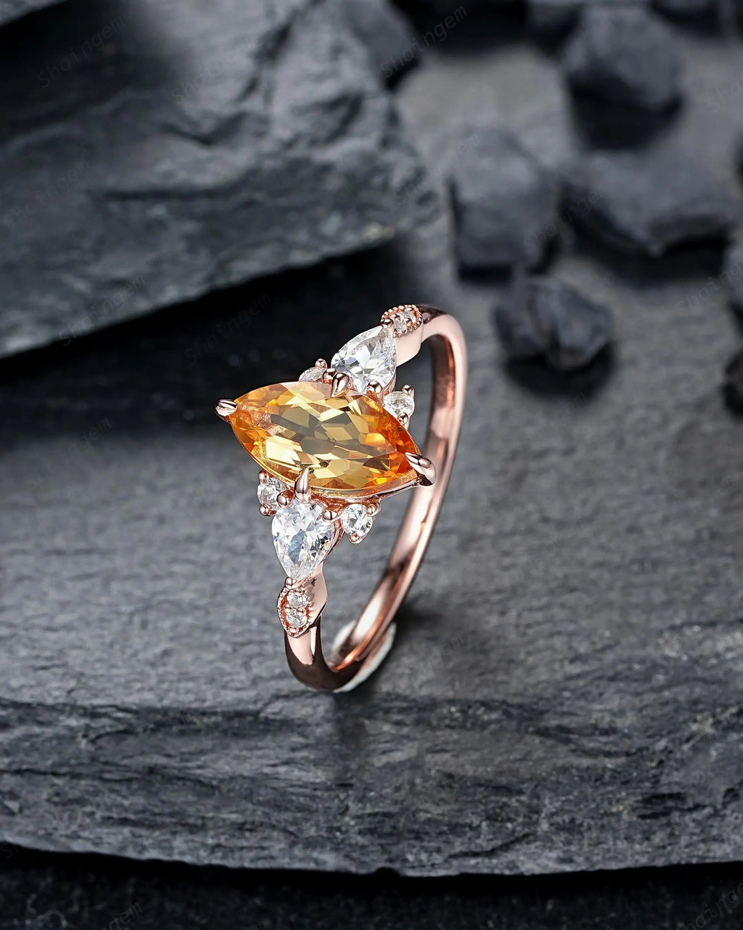 Marquise Cut Natural Yellow Citrine Engagement Ring, Rose Gold Cluster Wedding, Silver 925 Promise 24K Gold Plated, Platinum Gift for Woman - ShainJewelry
