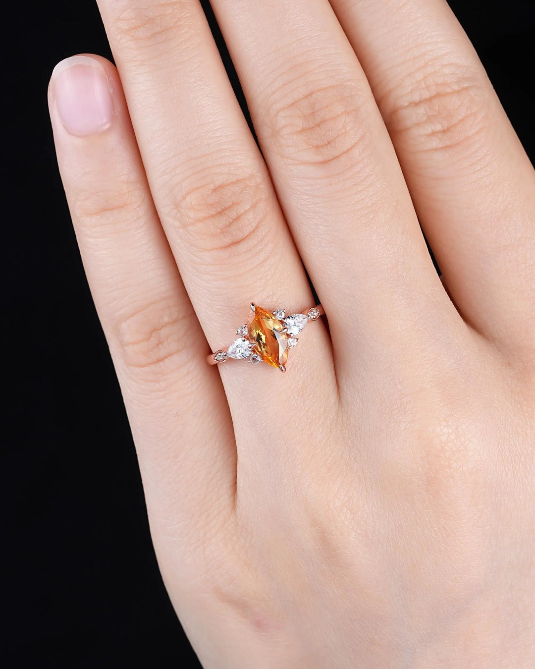 Marquise Cut Natural Yellow Citrine Engagement Ring, Rose Gold Cluster Wedding, Silver 925 Promise 24K Gold Plated, Platinum Gift for Woman - ShainJewelry