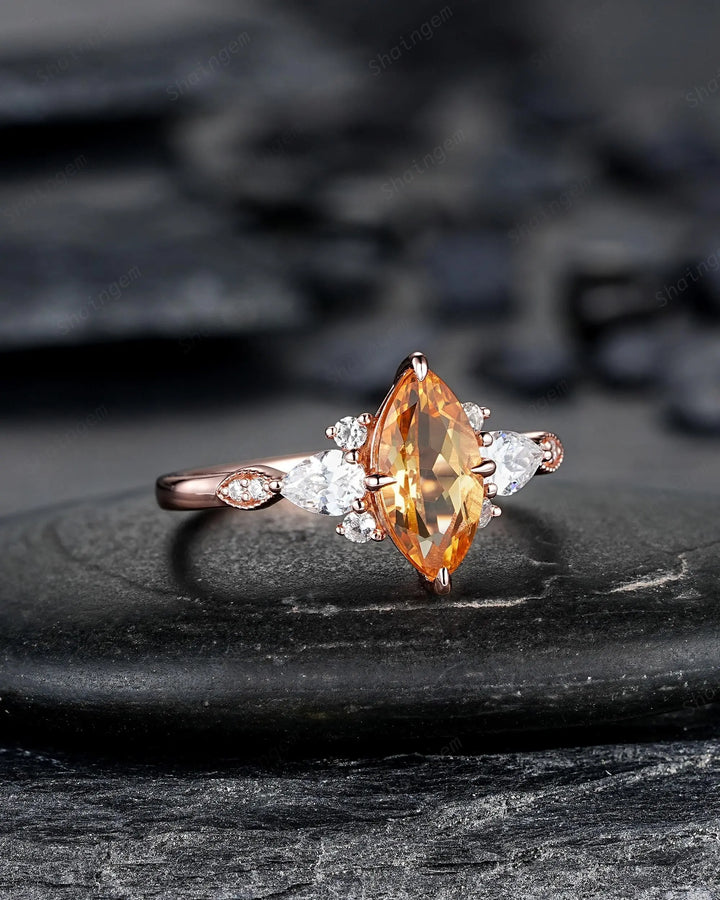 Marquise Cut Natural Yellow Citrine Engagement Ring, Rose Gold Cluster Wedding, Silver 925 Promise 24K Gold Plated, Platinum Gift for Woman - ShainJewelry