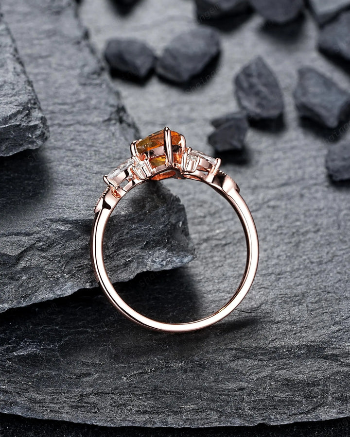 Marquise Cut Natural Yellow Citrine Engagement Ring, Rose Gold Cluster Wedding, Silver 925 Promise 24K Gold Plated, Platinum Gift for Woman - ShainJewelry