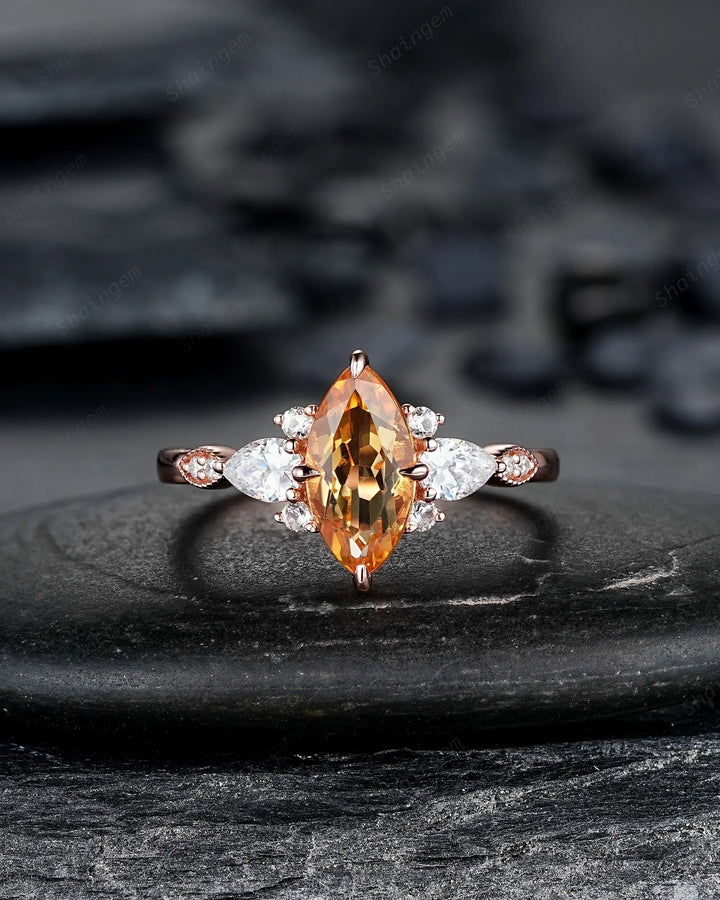 Marquise Cut Natural Yellow Citrine Engagement Ring, Rose Gold Cluster Wedding, Silver 925 Promise 24K Gold Plated, Platinum Gift for Woman - ShainJewelry