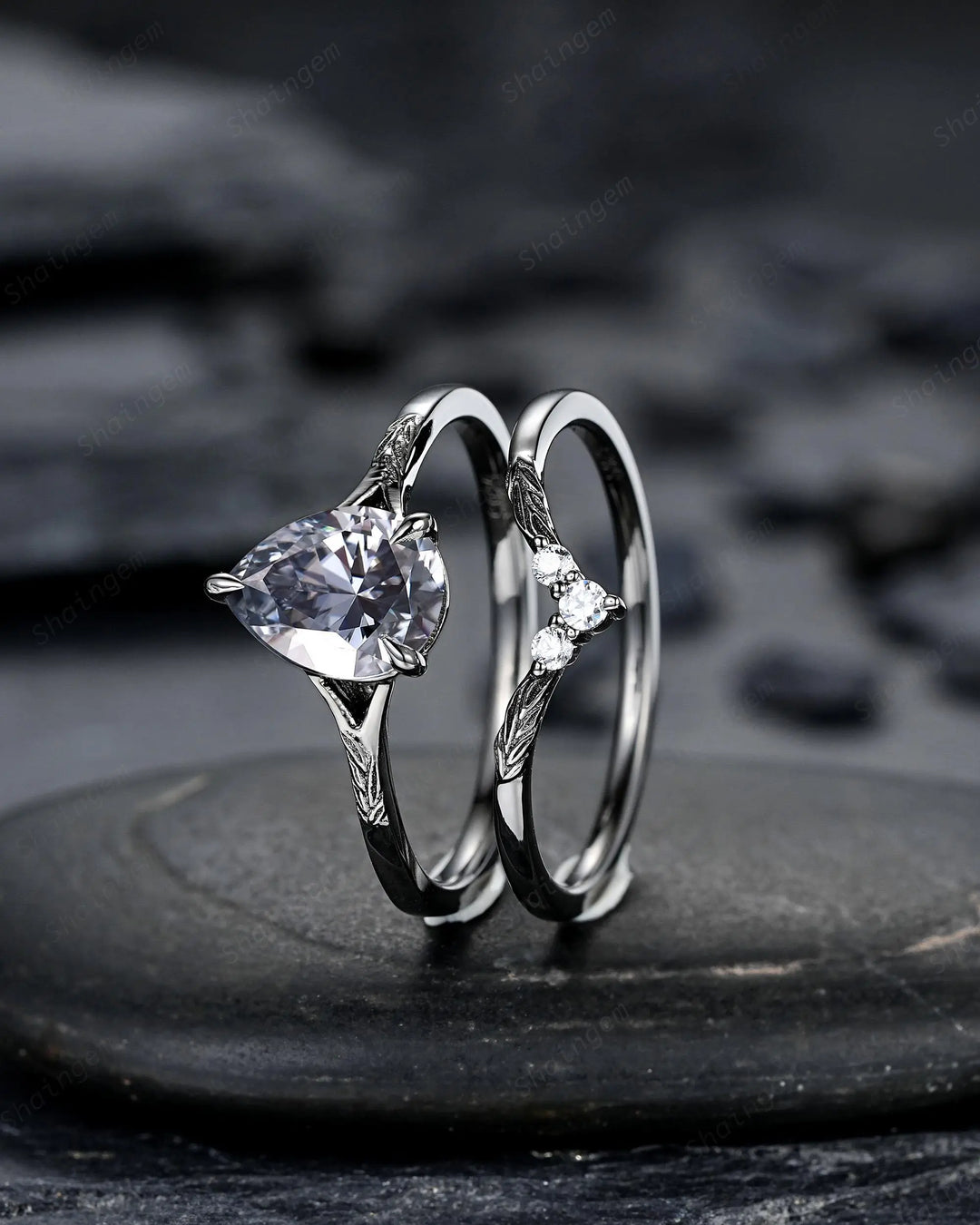 Gothic Pear Shape Gray Moissanite Leaf Engagement Ring Set, Black Rhodium Promise Ring Punk Black Gold V Shape Curved Solitaire Wedding Ring - ShainJewelry