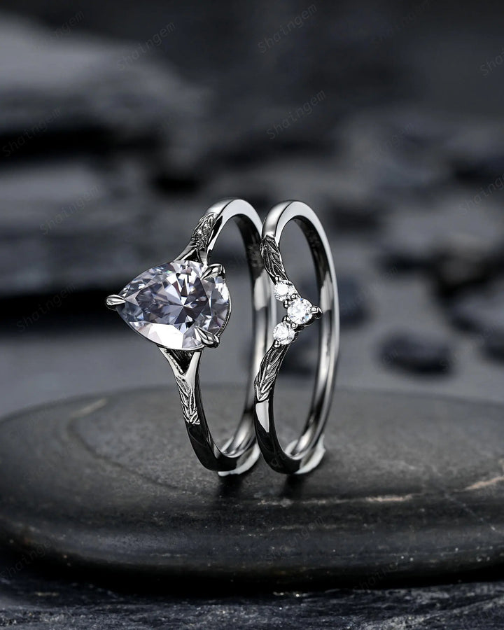Gothic Pear Shape Gray Moissanite Leaf Engagement Ring Set, Black Rhodium Promise Ring Punk Black Gold V Shape Curved Solitaire Wedding Ring - ShainJewelry