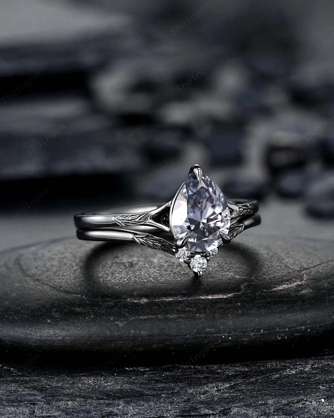 Gothic Pear Shape Gray Moissanite Leaf Engagement Ring Set, Black Rhodium Promise Ring Punk Black Gold V Shape Curved Solitaire Wedding Ring - ShainJewelry