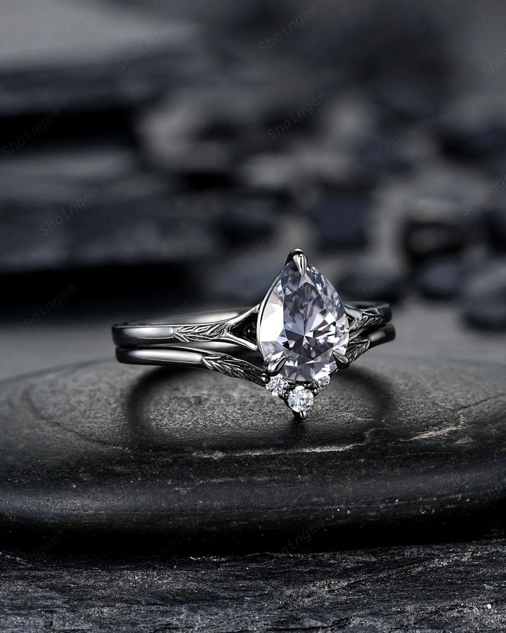 Gothic Pear Shape Gray Moissanite Leaf Engagement Ring Set, Black Rhodium Promise Ring Punk Black Gold V Shape Curved Solitaire Wedding Ring - ShainJewelry