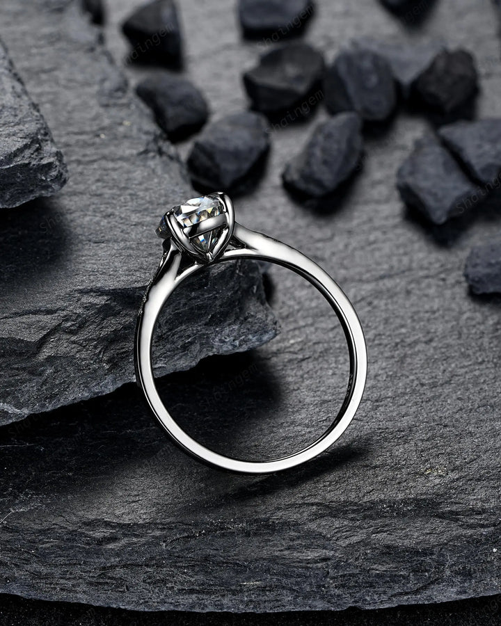 Gothic Pear Shape Gray Moissanite Leaf Engagement Ring Set, Black Rhodium Promise Ring Punk Black Gold V Shape Curved Solitaire Wedding Ring - ShainJewelry