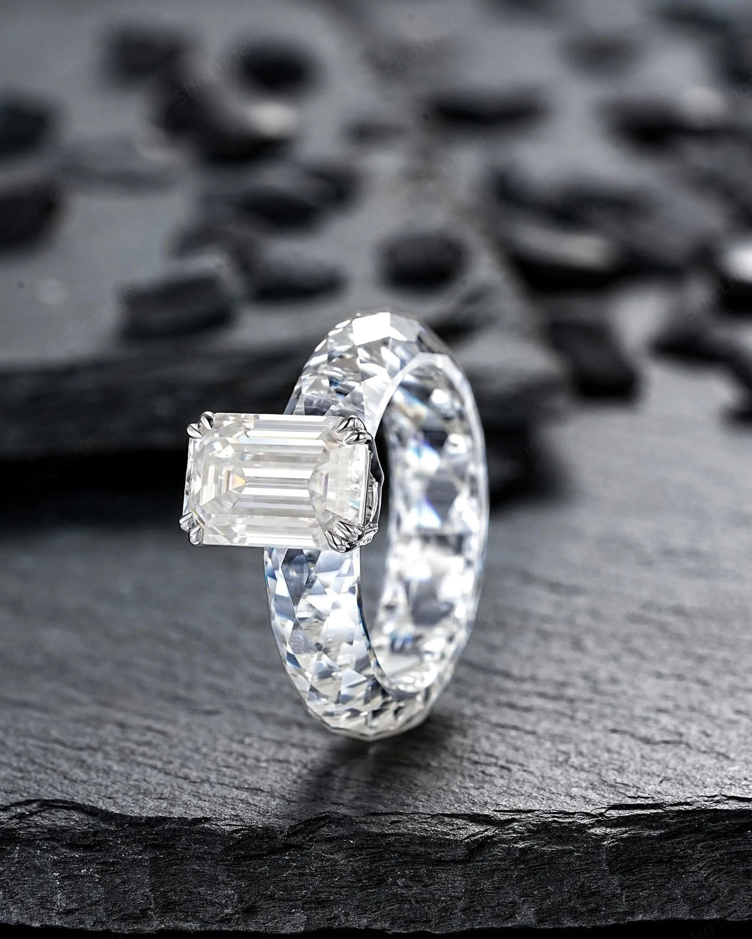 3CT Emerald Cut Moissanite Wedding Band, Full Eternity Diamond Cut Engagement Band, Promise Band Briolette cut Sparkle Ring for Man Woman - ShainJewelry