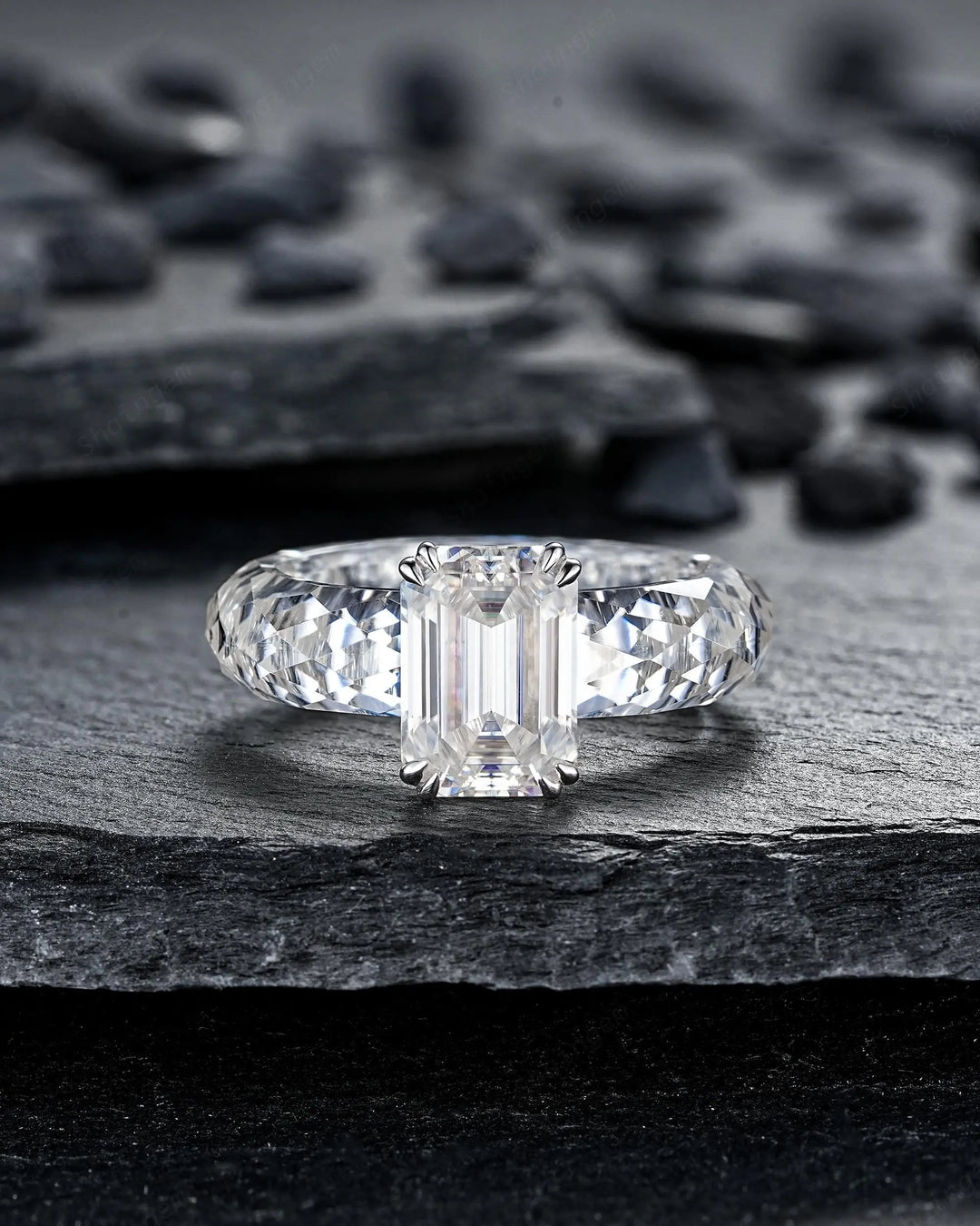 3CT Emerald Cut Moissanite Wedding Band, Full Eternity Diamond Cut Engagement Band, Promise Band Briolette cut Sparkle Ring for Man Woman - ShainJewelry