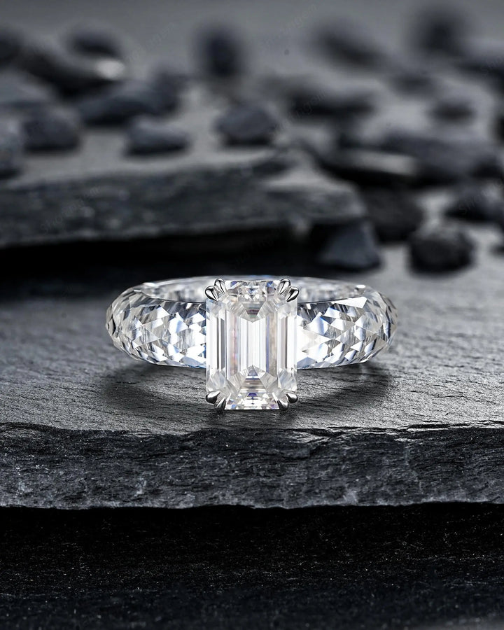3CT Emerald Cut Moissanite Wedding Band, Full Eternity Diamond Cut Engagement Band, Promise Band Briolette cut Sparkle Ring for Man Woman - ShainJewelry