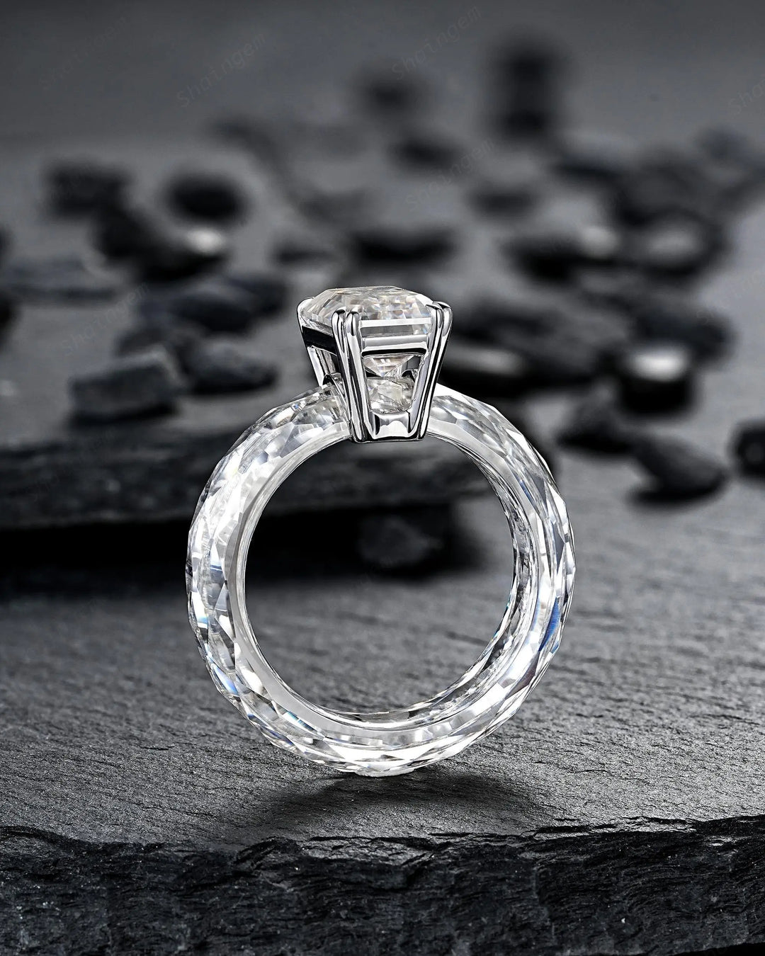 3CT Emerald Cut Moissanite Wedding Band, Full Eternity Diamond Cut Engagement Band, Promise Band Briolette cut Sparkle Ring for Man Woman - ShainJewelry