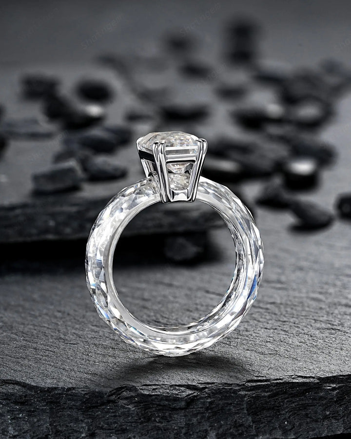 3CT Emerald Cut Moissanite Wedding Band, Full Eternity Diamond Cut Engagement Band, Promise Band Briolette cut Sparkle Ring for Man Woman - ShainJewelry