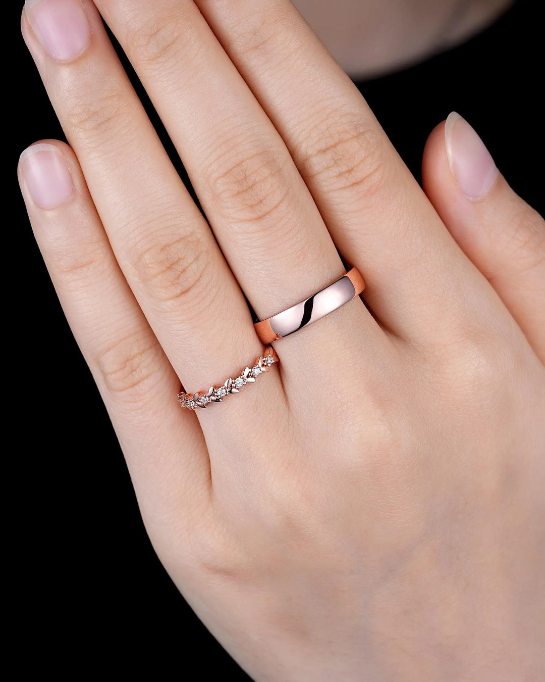 Full Eternity Diamond Engraved Leaf His and Hers Couple Ring Set: Wedding Band, Men & Women Matching Bands, Love Knot Engagement Promise Set - ShainJewelry