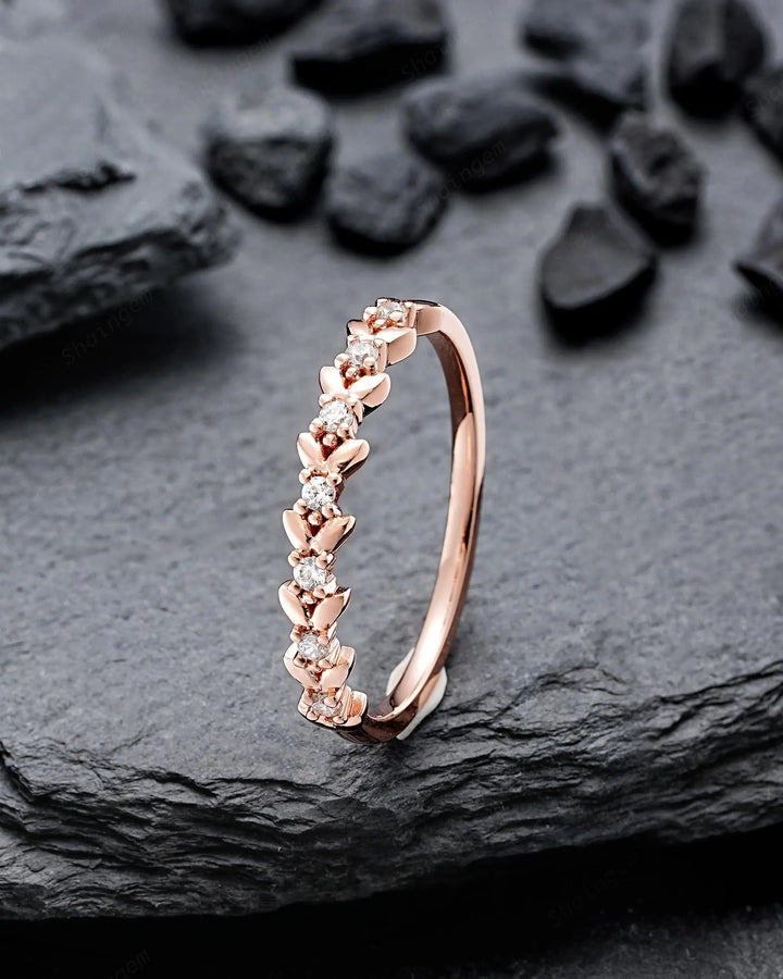 Full Eternity Diamond Engraved Leaf His and Hers Couple Ring Set: Wedding Band, Men & Women Matching Bands, Love Knot Engagement Promise Set - ShainJewelry