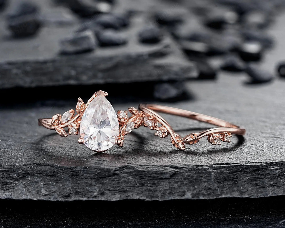 2CT Pear Shape Moissanite Leaf Engagement Ring Set: Unique Rose Gold Twig Branch Vine Wedding Set Nature Inspired Promise, Platinum Diamond - ShainJewelry