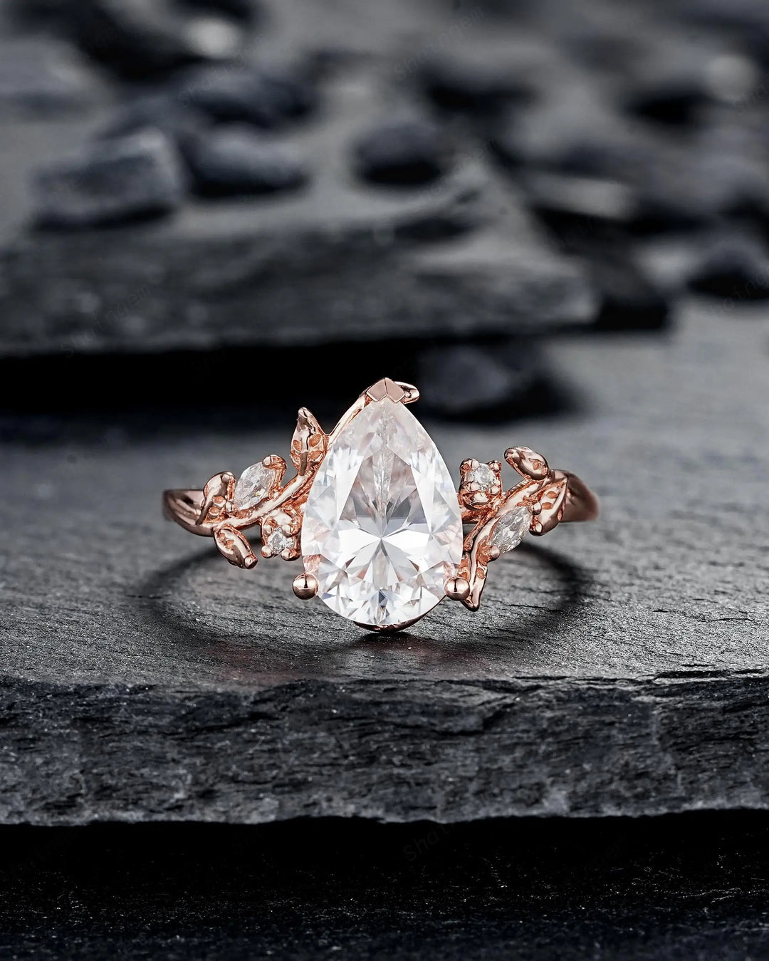 2CT Pear Shape Moissanite Leaf Engagement Ring Set: Unique Rose Gold Twig Branch Vine Wedding Set Nature Inspired Promise, Platinum Diamond - ShainJewelry